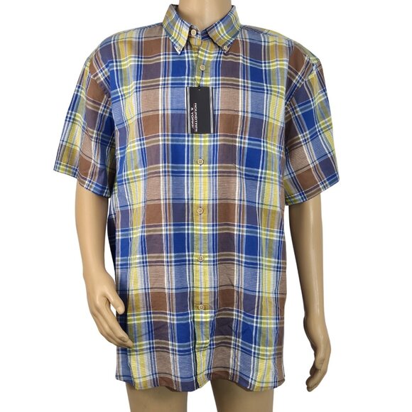 Roundtree Yorke Men's Shirt Size XXL Plaid Short Sleeve Linen Blend Brown (01) - Picture 2 of 9